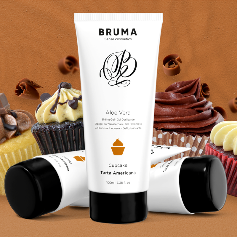 BRUMA Aloe Vera Sliding Gel Cupcake Flavor 100ml with cupcakes in background