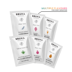 BRUMA Aloe Vera sliding gel sachets in various flavors, including bubblegum and cupcake, offering smooth lubrication for intimate moments.