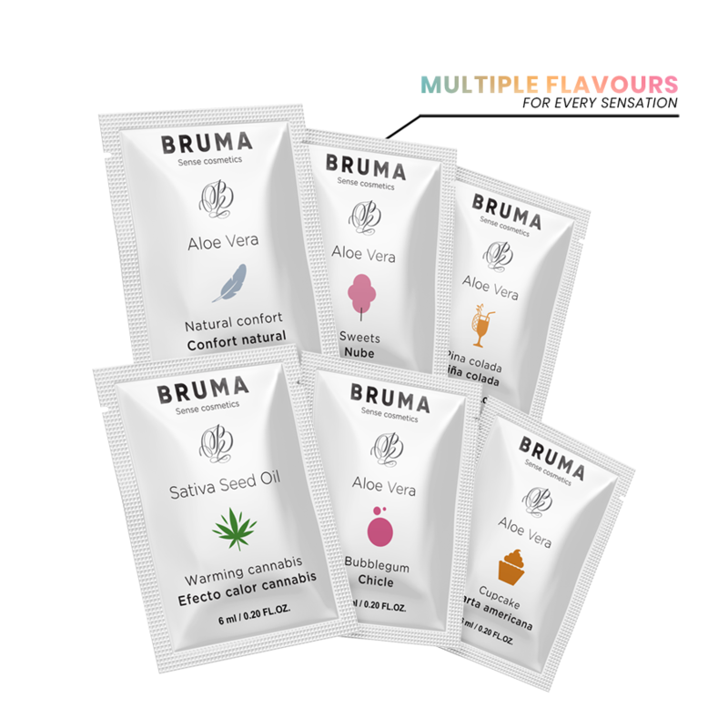 BRUMA Aloe Vera Glide Gel in multiple flavors: natural comfort, sweets, pina colada, cupcake, bubblegum, and cannabis.