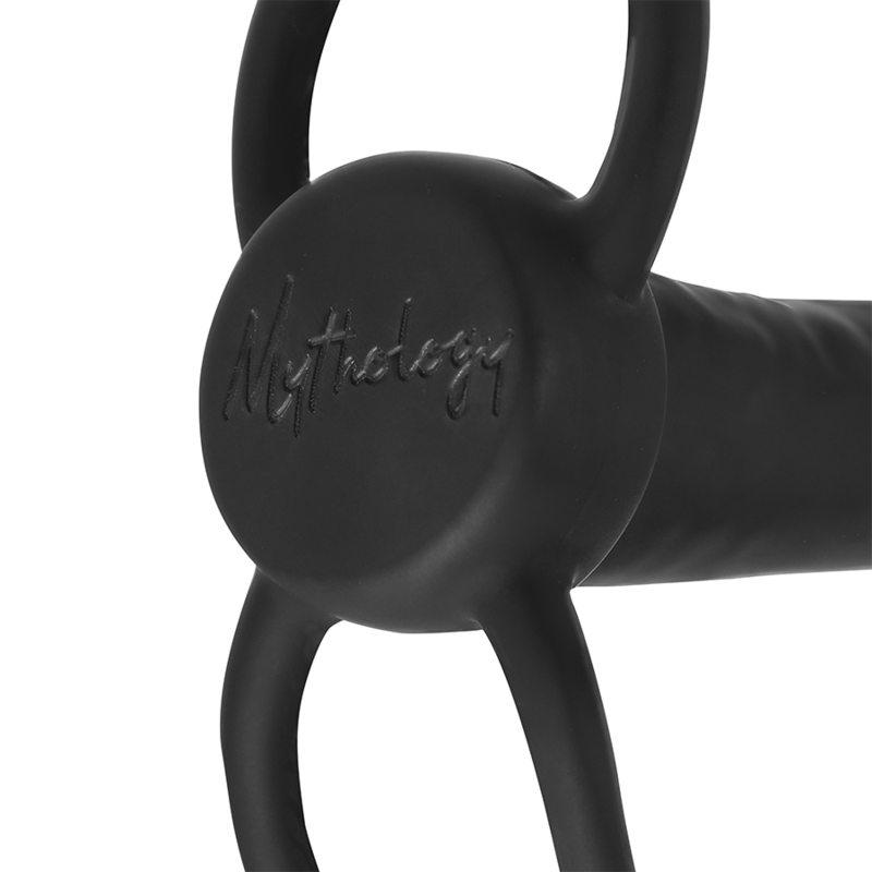 Close-up of Mythology Cobi-Onyx anal dildo with cock and testicle ring in black silicone.