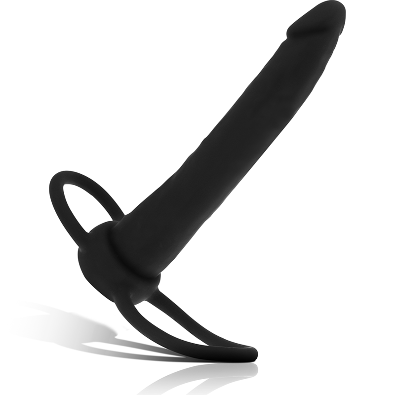 MYTHOLOGY COBI ONYX anal dildo with cock and testicle ring, black silicone, luxury pleasure toy for simultaneous stimulation.