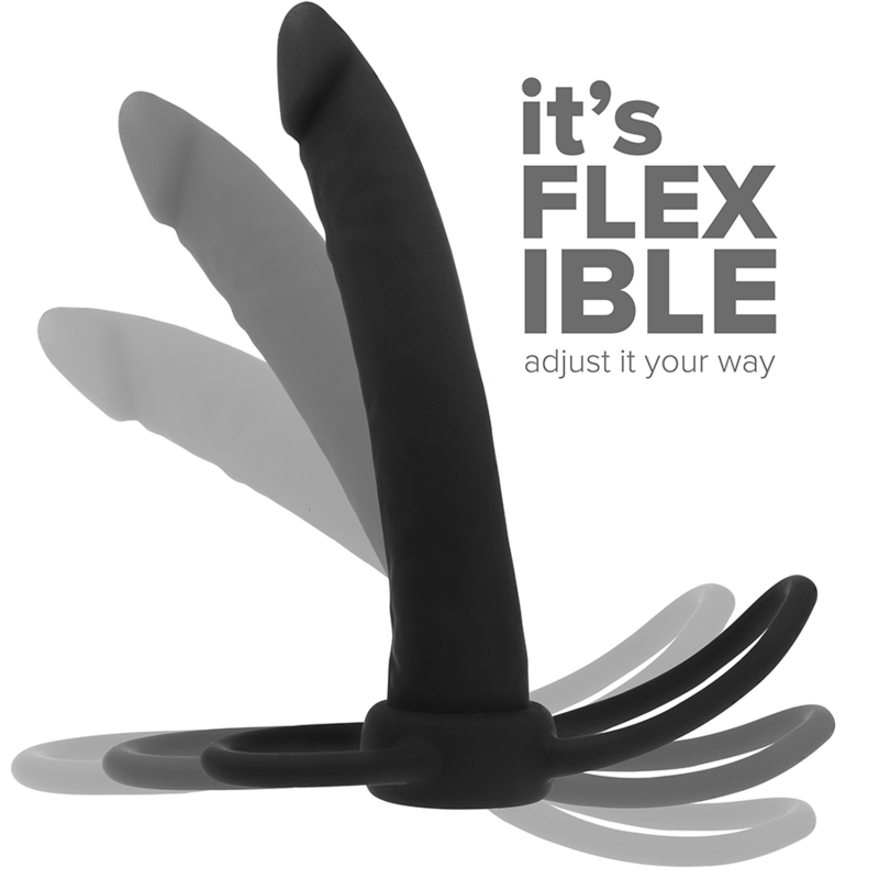 MYTHOLOGY COBI-ONYX black silicone anal dildo, flexible with cock and testicle ring, showcasing adjustable angles for versatile pleasure