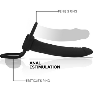 MYTHOLOGY COBI-ONYX black silicone anal dildo with cock and testicle ring for enhanced stimulation and pleasure.