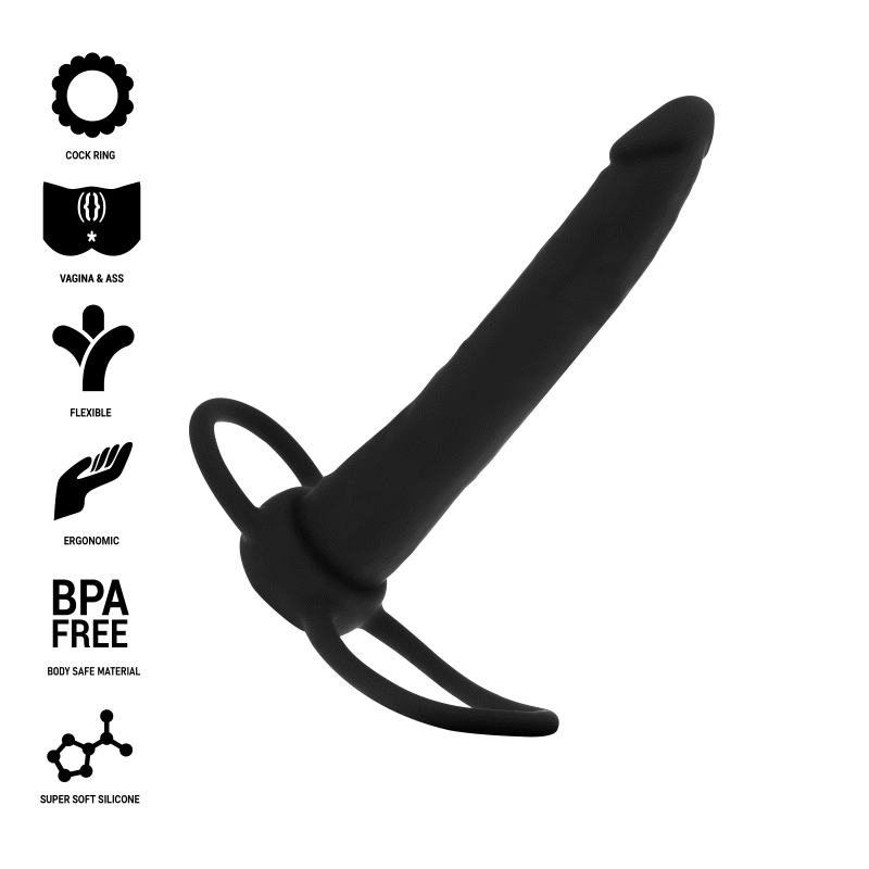 Luxury black silicone anal dildo with cock and testicle ring, flexible and ergonomic for enhanced pleasure; BPA-free material.