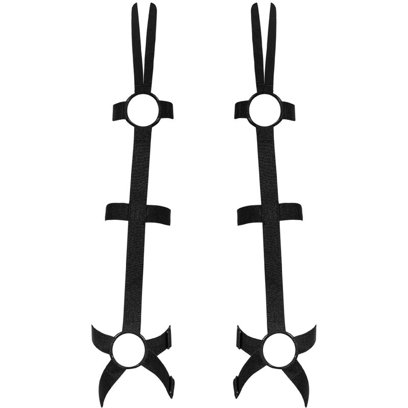 Black arm harness set with wide straps and metallic accents by Obsessive for a bold, eye-catching lingerie accessory.