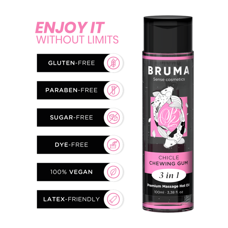 BRUMA Premium Massage Hot Oil Chewing Gum 3 in 1 - Gluten-free, Paraben-free, Vegan - 100ml bottle