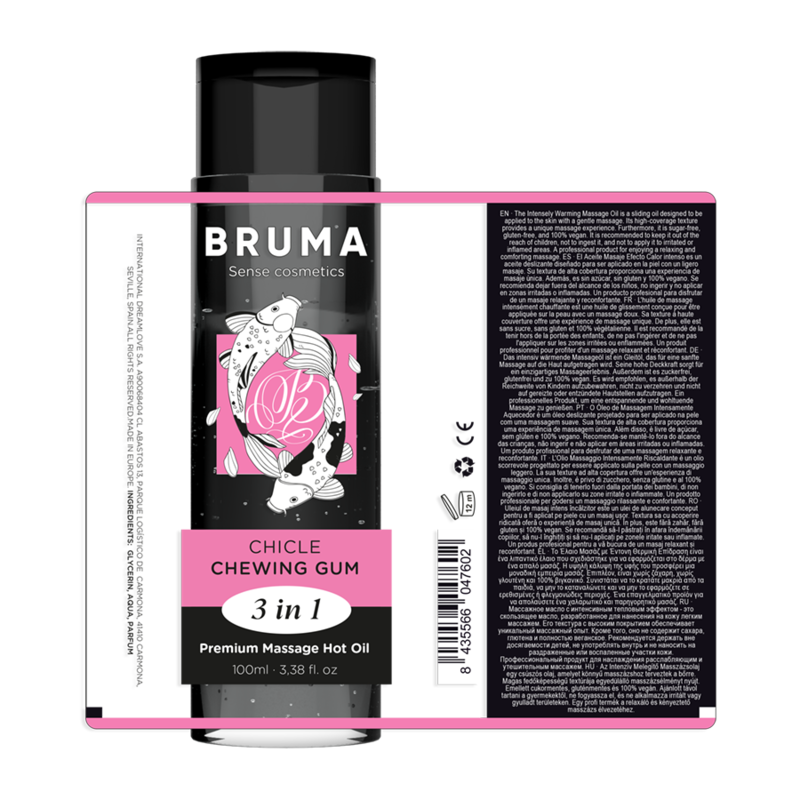 BRUMA Premium Massage Hot Oil Chewing Gum 3-in-1 100ml bottle with pink label for relaxation and intimacy.