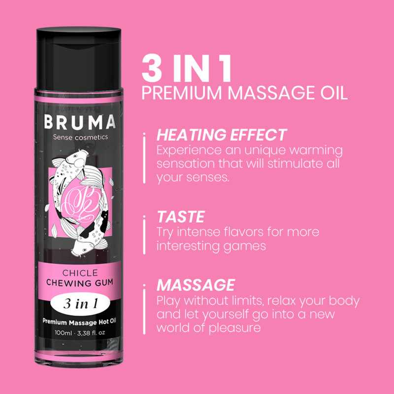 BRUMA Premium Massage Hot Oil Chewing Gum 3 in 1 - 100ml, featuring heating effect, enchanting taste, and sensual massage benefits.