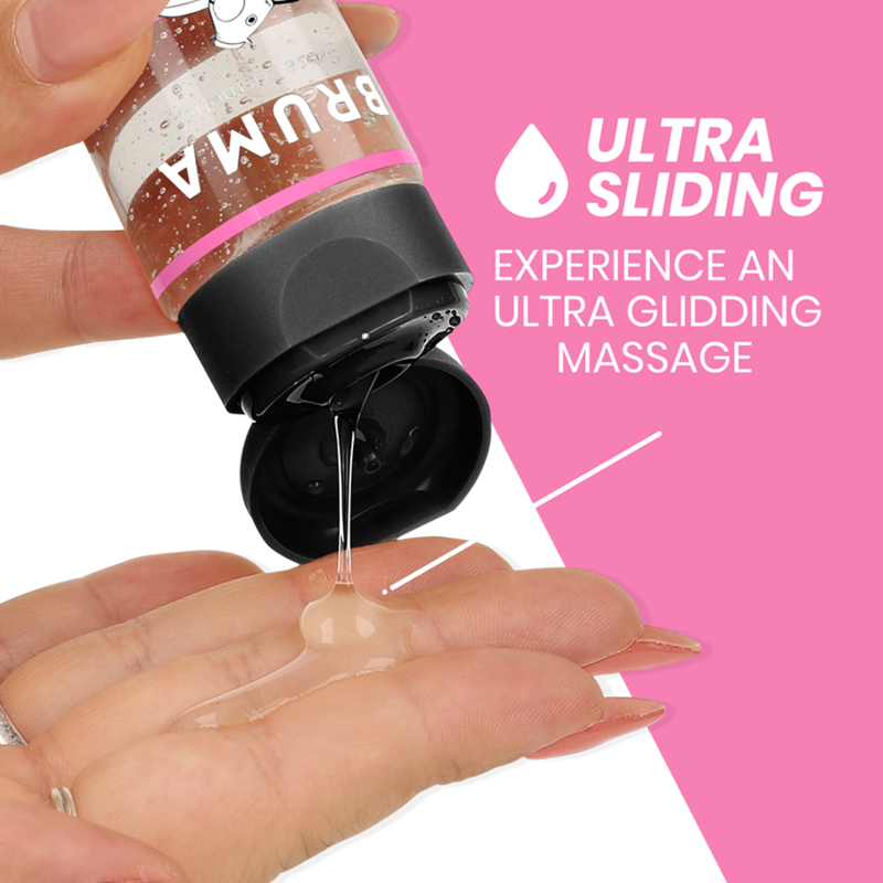 BRUMA Premium Massage Hot Oil Chewing Gum 100ml being poured, highlighting ultra sliding massage experience with heat effect.