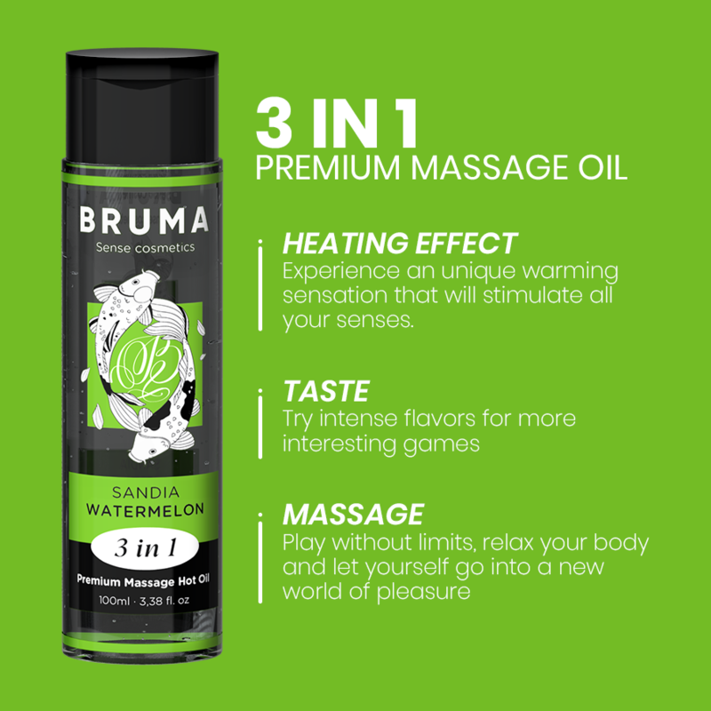 BRUMA 3 in 1 Premium Watermelon Massage Oil, 100ml, with heating effect for relaxation, taste for enhanced intimacy, and sensual massage benefits.