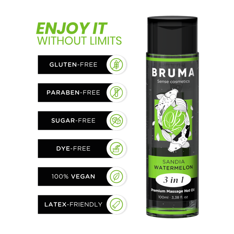 BRUMA 3-in-1 Premium Massage Hot Oil Watermelon 100ml, showcasing benefits like gluten-free, vegan, and paraben-free.