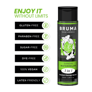 BRUMA 3-in-1 Premium Massage Hot Oil Watermelon 100ml, showcasing benefits like gluten-free, vegan, and paraben-free.