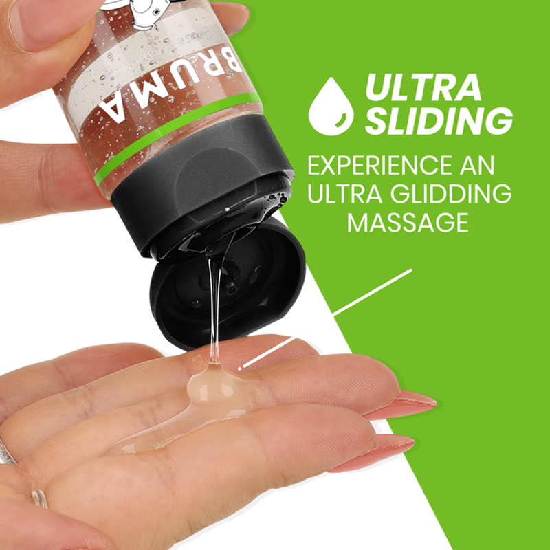 BRUMA Premium Watermelon Massage Oil being poured, highlighting ultra sliding experience for a sensual massage, 100ml.