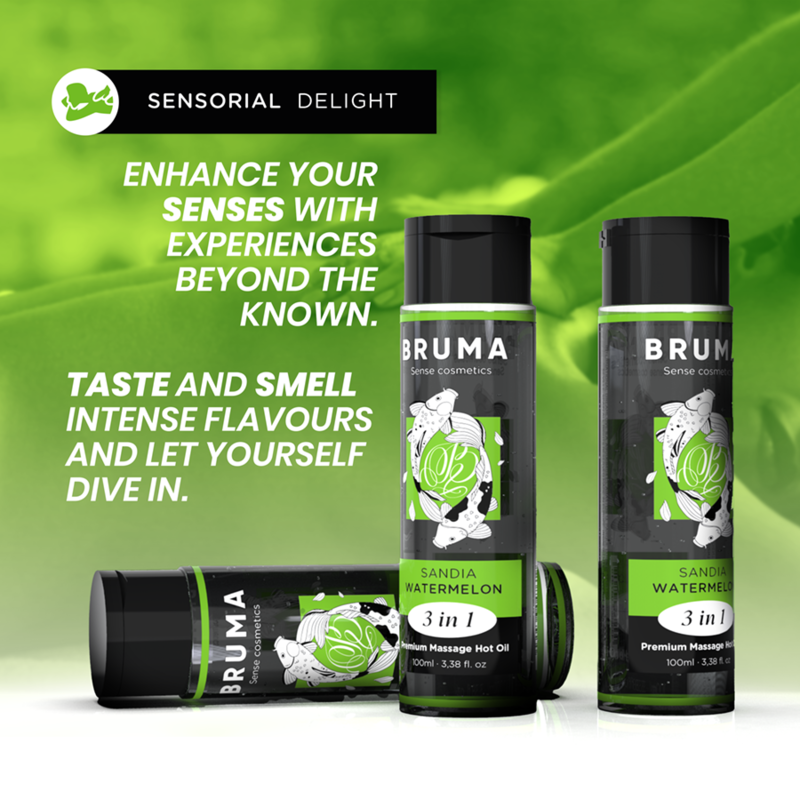 BRUMA Premium Massage Hot Oil 3-in-1 in watermelon flavor, 100 ml bottles, promoting a sensorial and soothing experience.