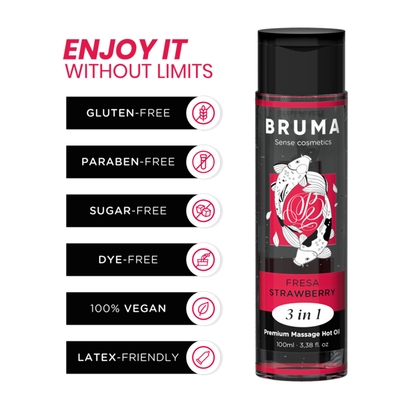 BRUMA Premium Strawberry Massage Oil 3 in 1 - Gluten-Free, Paraben-Free, Vegan, Ideal for Relaxing Warm Massages - 100ml