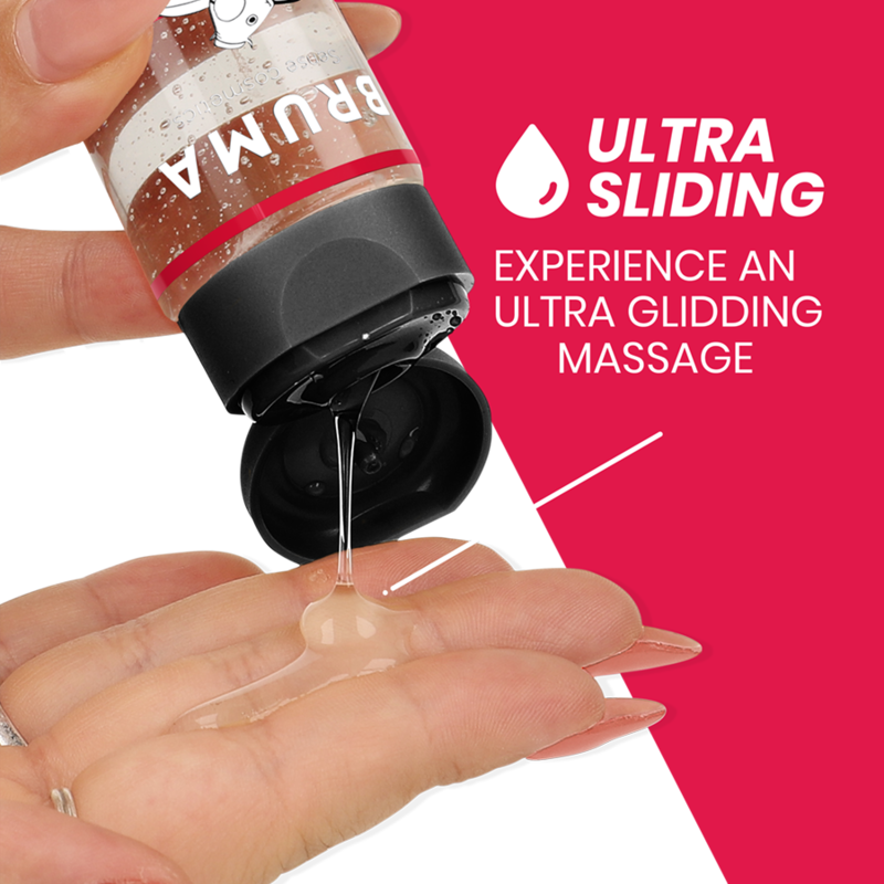 BRUMA Premium Massage Hot Oil Strawberry 3 in 1, bottle dispensing oil onto fingers, ultra sliding massage effect, 100 ml.