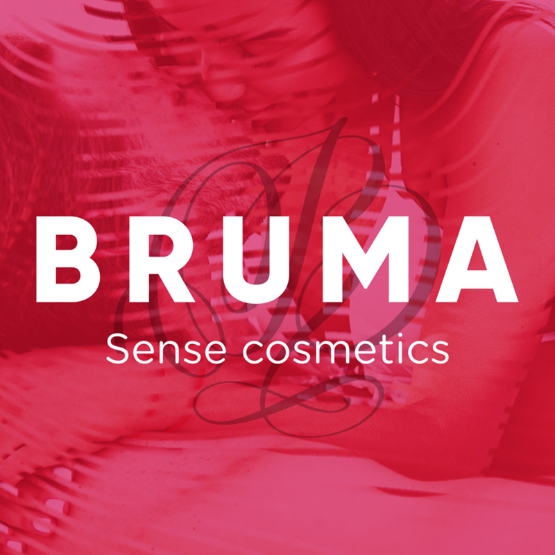BRUMA Sense Cosmetics logo on a red abstract background