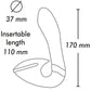 Diagram showing dimensions of SHUNGA SOYO intimate massager in pink, with 37 mm diameter and 110 mm insertable length.