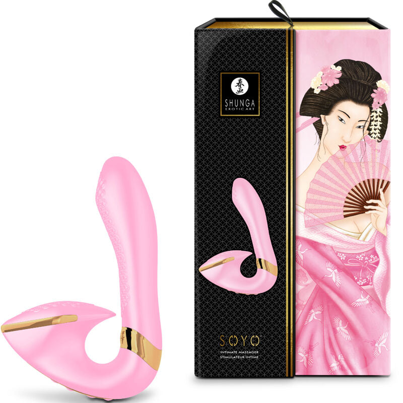 SHUNGA SOYO intimate massager in pink with elegant packaging, featuring design for clitoral, labia, perineum, and G-spot stimulation.