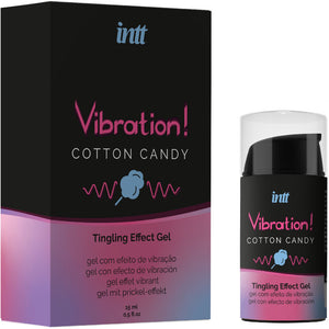 INTT Unisex Vibrating Effect Gel Cotton Candy 15ml packaging with colorful design, offering tingling and warming sensations for all.