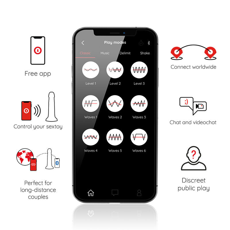 Smartphone app controls for ONINDER vibrator, featuring connectivity, chat, video options, and modes for discreet public play. Free app.