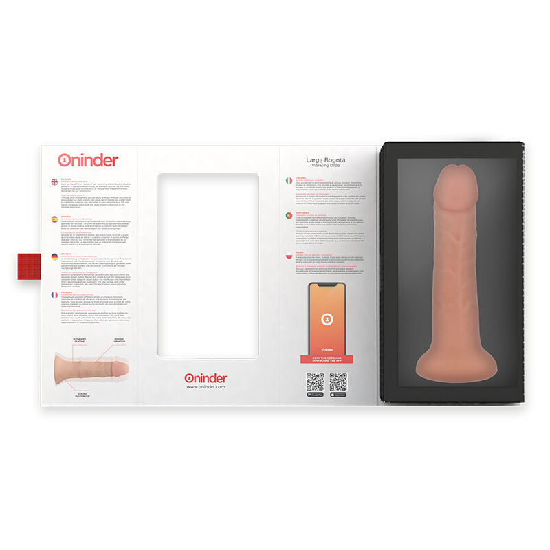 ONINDER Bogotá vibrating dildo in packaging with smartphone app feature, 9 speeds, ergonomic design, silicone material.