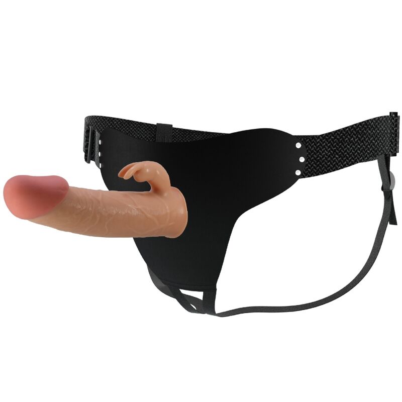 Pretty Love Mavis universal harness briefs with 19 cm natural dildo, adjustable straps, and soft lining for comfort during use.