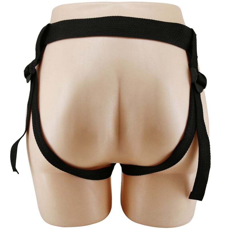 Back view of universal harness briefs with adjustable nylon straps for secure fit.
