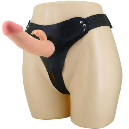Black harness briefs with 19 cm natural dildo attachment for bedroom play.