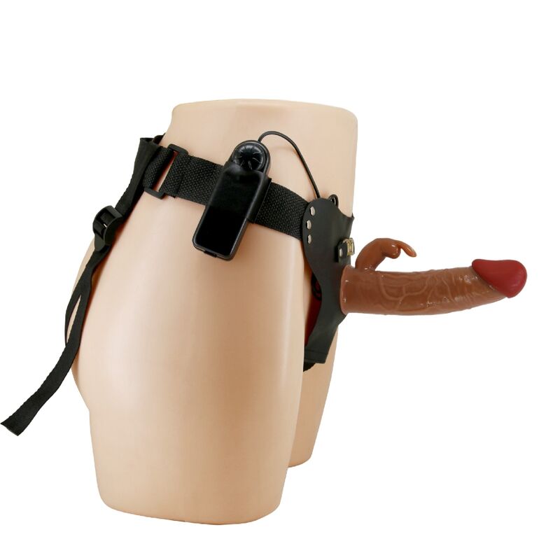 PRETTY LOVE Marion vibrating dildo with brown harness briefs, adjustable straps, and phallic head for enhanced pleasure.