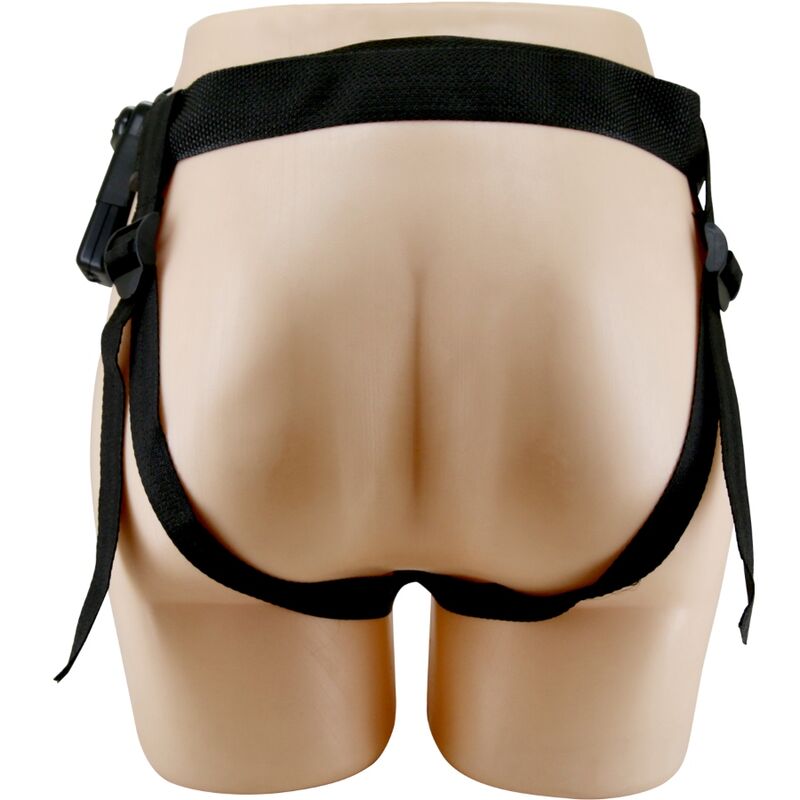 Adjustable harness briefs for strap-on play, featuring a secure fit and comfortable design, shown in black on a mannequin. Ideal for intimate use.