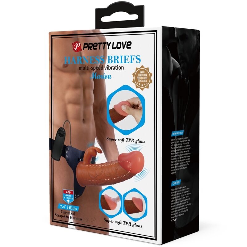 PRETTY LOVE Marion Harness Briefs with Vibration Dildo, 19cm Brown, Adjustable Straps, Comfortable Fit, Packaging Box
