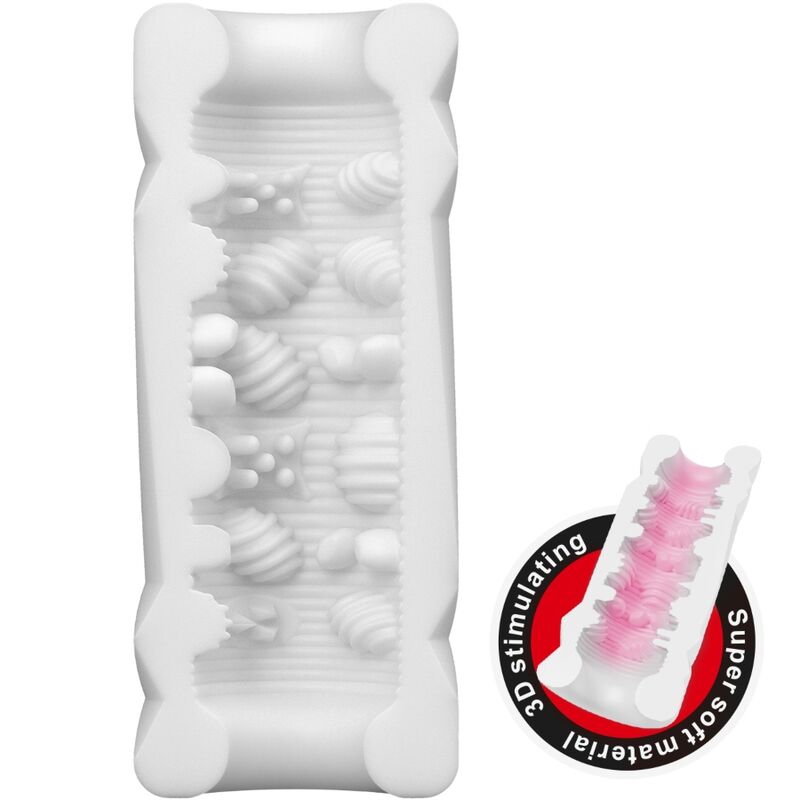 3D stimulator can model 1 masturbator with ribbed texture, made of soft TPR material, shown in white with a pink element.