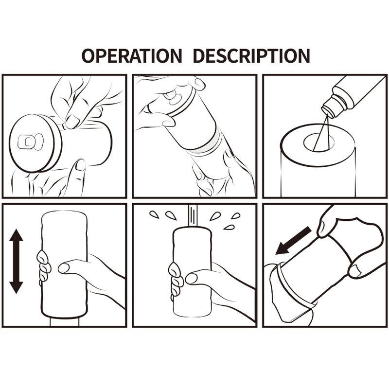 Instructional diagram for using the PRETTY LOVE 3D Stimulator Can Model 1, showing steps to open, lubricate, and use discreetly.
