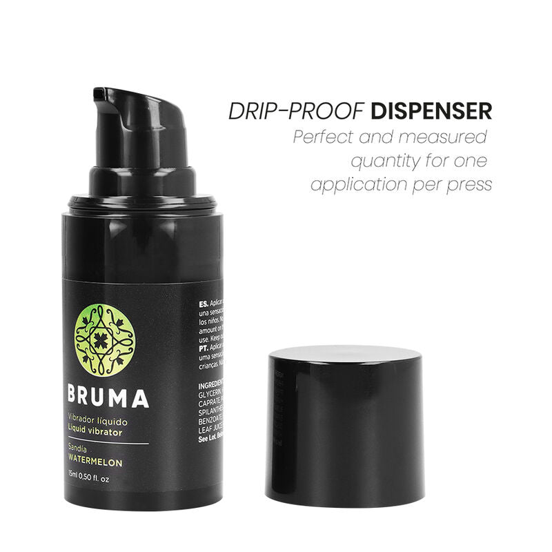BRUMA Liquid Vibrator Watermelon Flavor 15ml bottle with drip-proof dispenser for exciting intimate sensations.