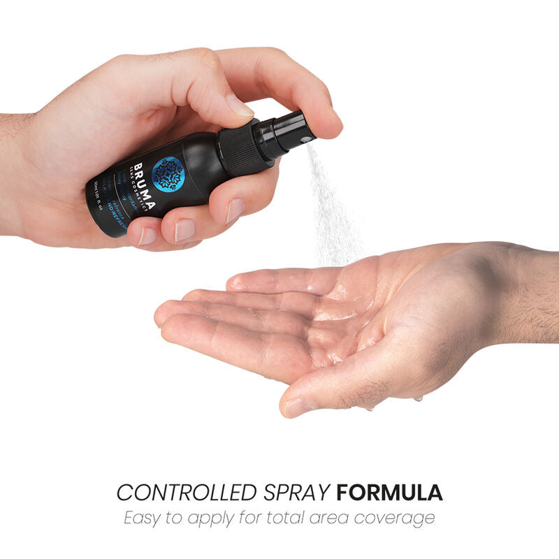 BRUMA Delay and Refreshes Spray in use, showing application for improved intimate performance and satisfaction.