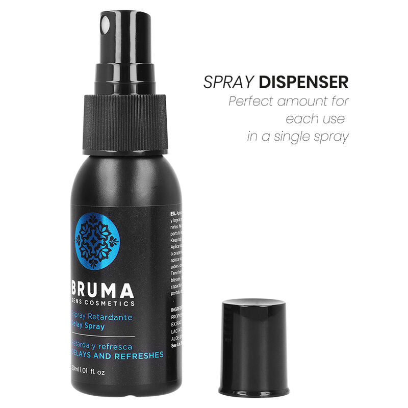 BRUMA 30ml delay and refresh spray bottle with cap, featuring a spray dispenser for intimate pleasure enhancement.