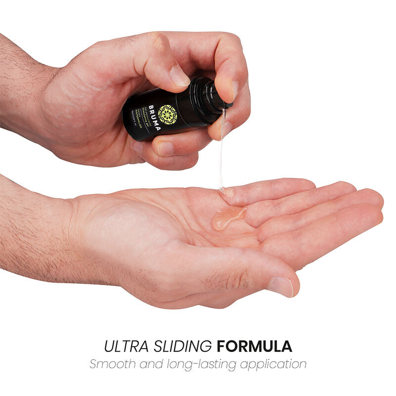 Hands pouring BRUMA Watermelon Flavor Stimulating Gel with ultra sliding formula onto palm for smooth application.