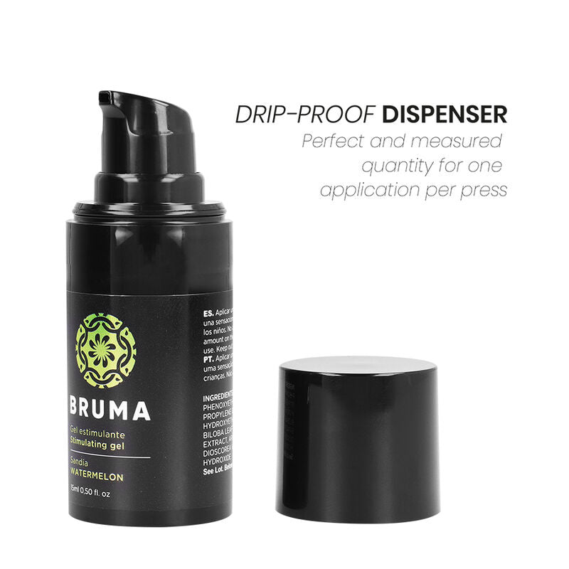 BRUMA Watermelon Flavor Stimulating Gel 15ml with drip-proof dispenser for precise application.