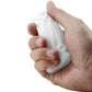 Hand holding a white 3D realistic male masturbator with ribbed texture, emphasizing portability and discreet design.