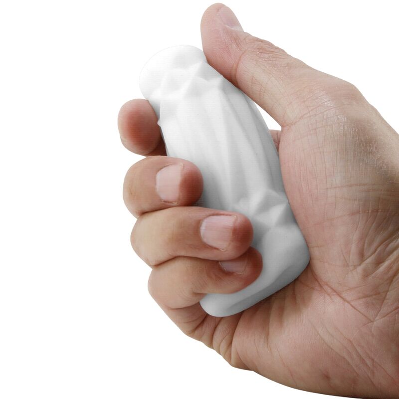 Hand holding a white 3D realistic male masturbator with ribbed texture, emphasizing portability and discreet design.