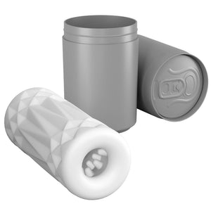 Portable 3D men masturbator in pop-up can shape, featuring soft TPR material and ribbed channel for discreet, realistic experience.