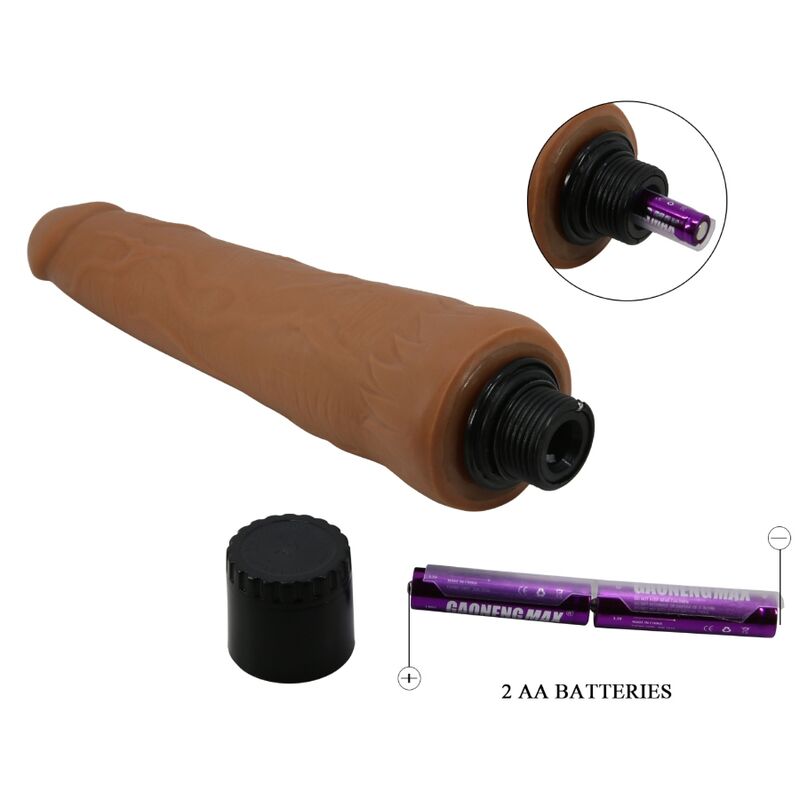 PRETTY LOVE Alfredo realistic vibrator showing battery compartment and 2 AA batteries.