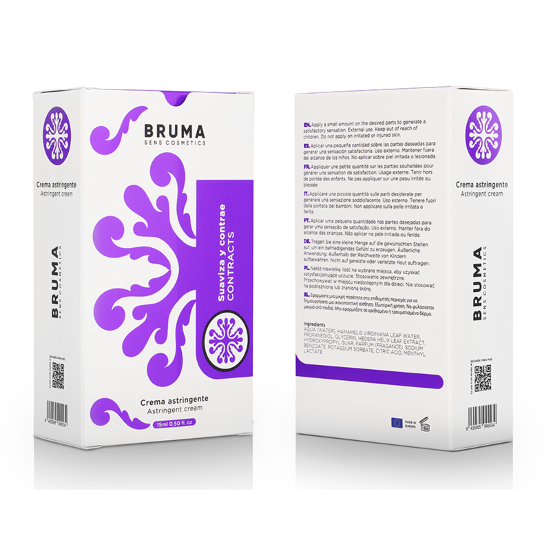 BRUMA astringent cream packaging, 15 ml, designed for intimate use and improved sensations in relationships.