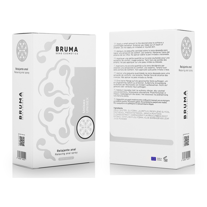 BRUMA Relaxing Anal Spray Unisex 30ml packaging, designed for enhancing comfort and relaxation in intimate moments.