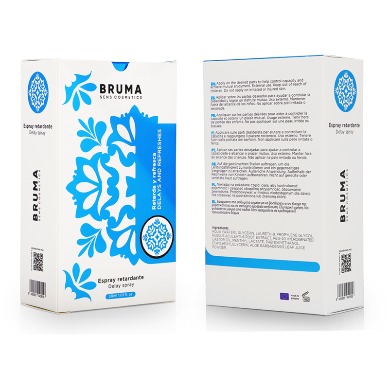 BRUMA Delay and Refreshes Spray 30ml packaging front and back view, enhancing intimacy and prolonging performance.