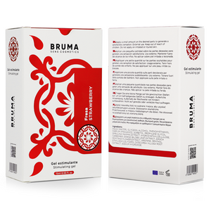 BRUMA strawberry flavor intensifying balm packaging, 15 ml stimulating gel for enhanced intimate experiences.