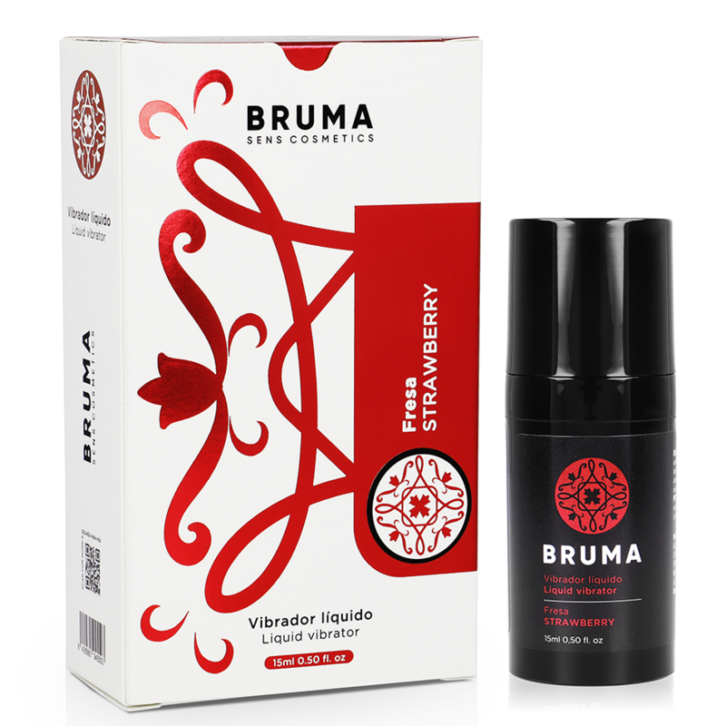 BRUMA Strawberry Liquid Vibrator 15ml bottle and packaging for exciting intimate experiences and pleasure enhancement.