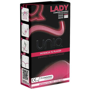 UNIQ - LADY CONDOM ЖЕНСКИЕ ПРЕЗЕРВАТИВЫ БЕЗ ЛАТЕКСА С ПОЯСОМ ДЛЯ ЧУЛКОВ 3 ШТ.