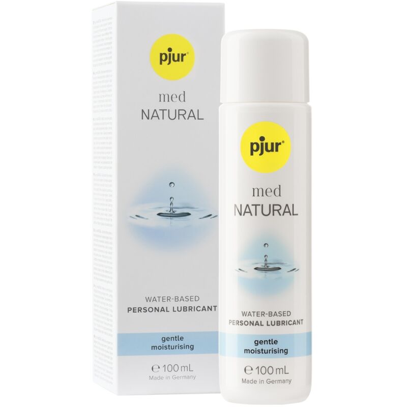 Pjur Med Natural Water-Based Lubricant 100ml bottle and box, formulated for dry skin with pure vegetable glycerin, suitable for sensitive skin.